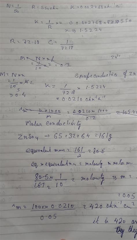 A Cell With N Kcl Solution Showed A Resistanceof Ohms At