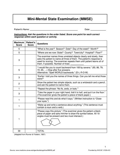 Mmse Assessment Checklist Neuro 1 Mini Mental State Examination Mmse Patients Name Date