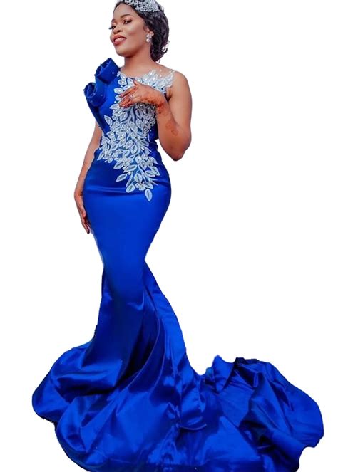 Royal Blue Lace Beaded Mermaid Blue Mermaid Prom Dress For Plus Size