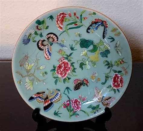 CHINESE QING CANTON Famille Rose Enamelled Celadon Porcelain Plate Dish