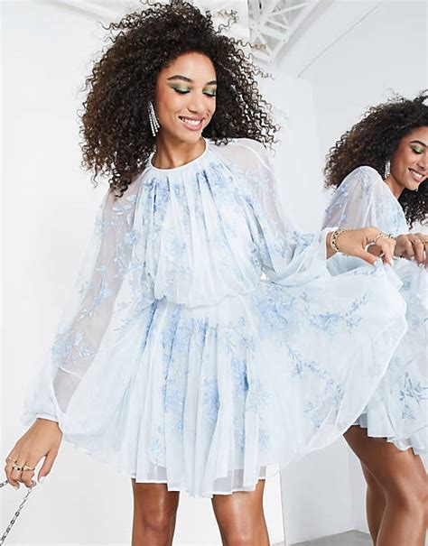 Asos Edition Floral Embroidered Mesh Mini Dress With Blouson Sleeve In Pale Blue Asos