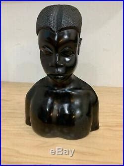 Vintage African Hand Carved Ebony Wood Sculpture Male Head Bust Tall