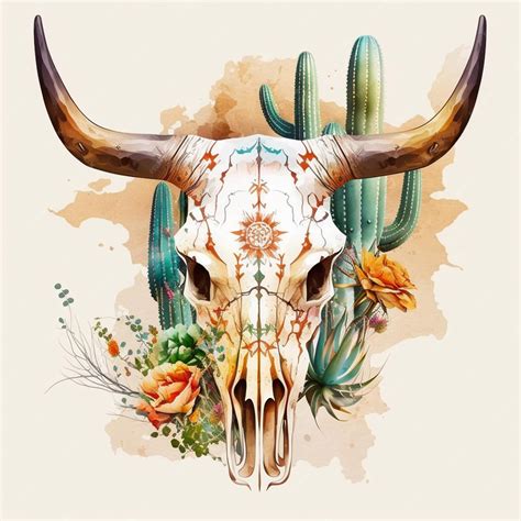 Premium Photo A Cow Skull With A Cactus And Flowers