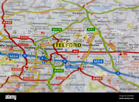 Telford and surrounding areas shown on a road map or geography map ...