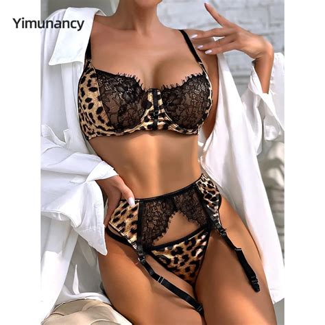 Yimunancy Leopard Print Lace Patchwork Lingerie Set Women Gothic Bra