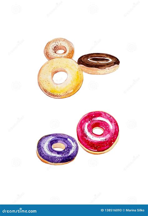 Watercolor Pattern Donuts In Multicolor Glaze Illustration Isolated On