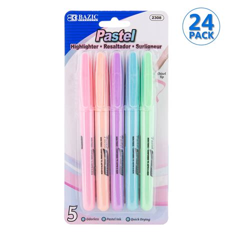 BAZIC Pastel Highlighter Assorted Color Pen Style Chisel Tip Broad