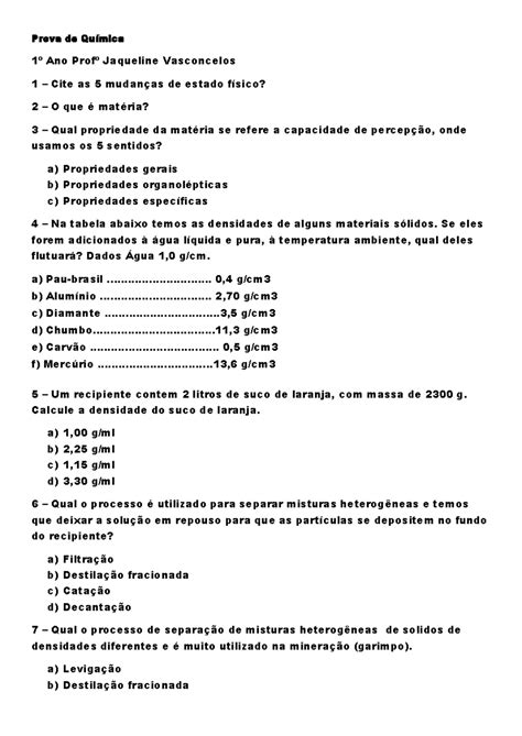 Prova De Quimica Prova De Qu Mica Ano Prof Jaqueline Vasconcelos