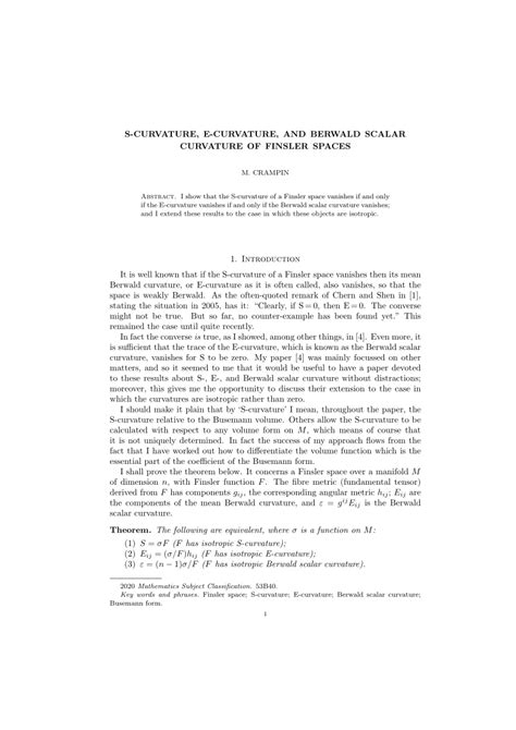 Pdf S Curvature E Curvature And Berwald Scalar Curvature Of Finsler