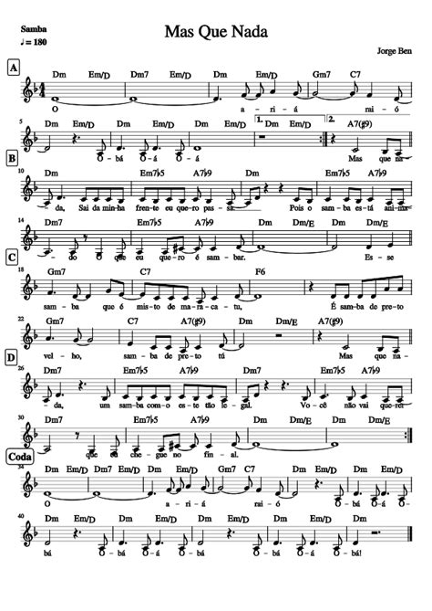 Mas Que Nada Sheet Music For Piano Solo Easy