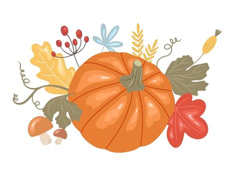 Vector Illustration Of Pumpkin Autumn Leaves Berries And Mushrooms