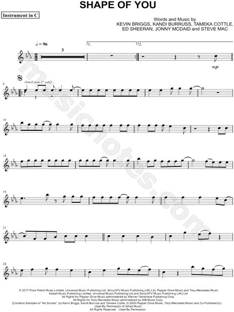 Ed Sheeran Shape Of You C Instrument Sheet Music Flute Violin Oboe Or Recorder In C