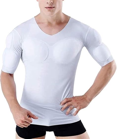 Ruguo Mens Fake Chest Muscle Padded T Shirt Mens Body Shaper Slimming Shirt Adult Muscle Shirts