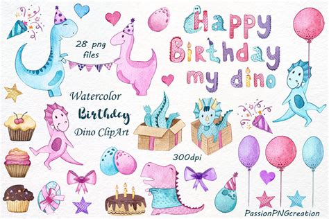 Watercolor Happy Birthday Dinosaur Clipart Seamless Pattern Etsy