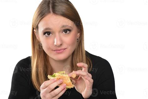 Portrait Of A Beautiful Funny Young Girl Eating Hamburger 15986216