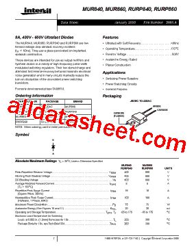 MUR860 Datasheet PDF Intersil Corporation