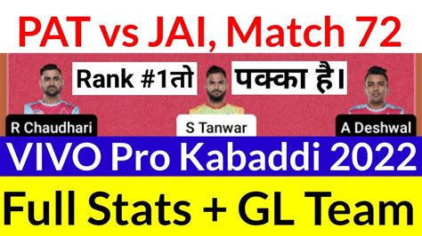 Pat Vs Jai Dream11 72nd Match Patna Pirates Vs Jaipur Pink Panthers