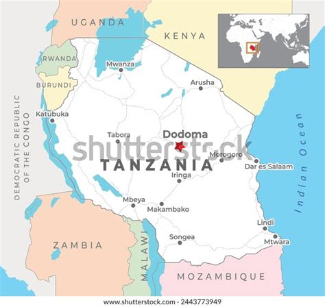 Tanzania Political Map Capital Dodoma Most Stock Vector Royalty Free