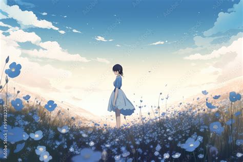 illustration in the style of anime featuring a field of blue nemophila ...