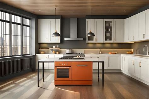 Premium AI Image A Kitchen With Orange Cabinets And A White Stove