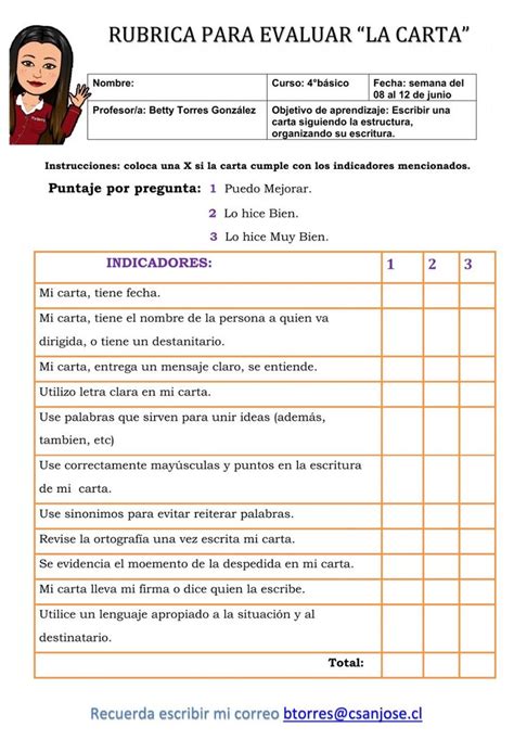 Rubrica de evaluación de la carta worksheet