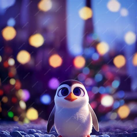 Premium Photo Cute Baby Penguin With Big Eyes And Christmas Lights 3d