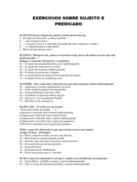 Exercícios Sobre Sujeito E Predicado Pdf