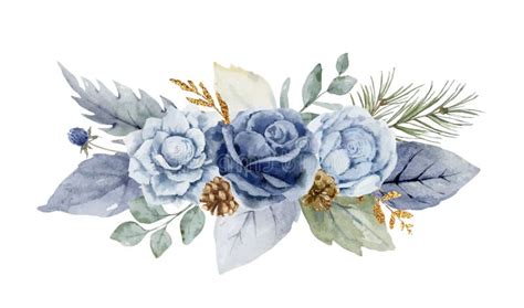 A Watercolor Vector Winter Bouquet with Dusty Blue Flowers and Branches ...