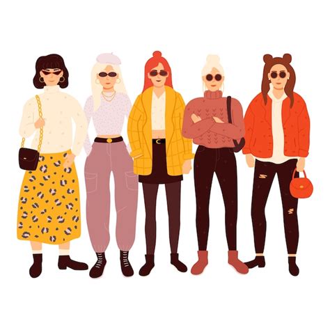 Grupo de adorables mujeres vestidas con ropa de moda ilustración