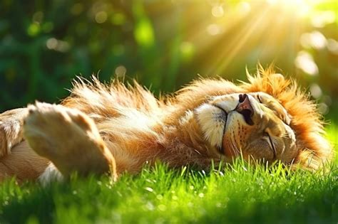 Premium Photo | A lion sleeping in the grass