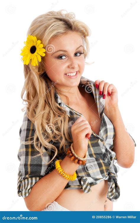 Pretty Blonde Female Posing In Shorts And Shirt Stock Photo Image Of Hairstyle Caucasian