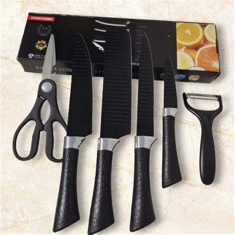 kit Facas de Cozinha Preta 6 Peças Faca de Churrasco Descascador de