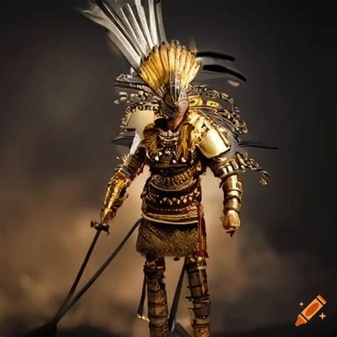 Golden Armored Aztec Warrior With Weapons On Craiyon