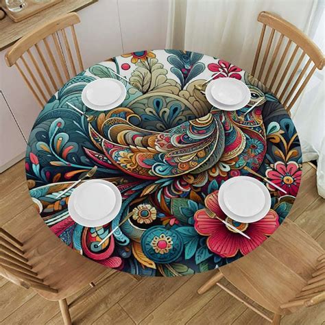 Cbxzyzzc Round Table Cover Elastic Tablecloth Colorful Flowers Leaf