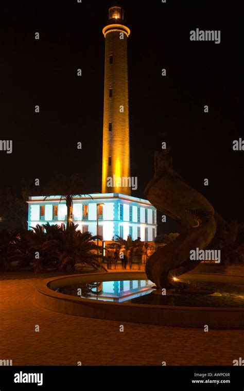 Faro Lighthouse On Maspalomas Beach At Night Gran Canaria Canary