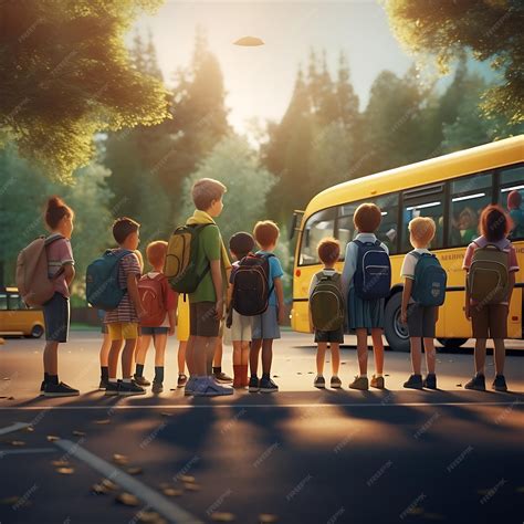 Premium Photo | A group of school children are standing at a bus stop