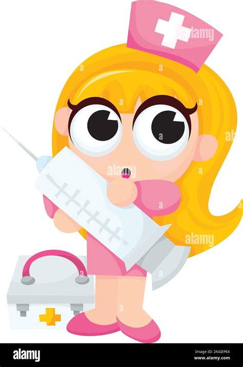 A Cute Cartoon Nurse With Big Syringe And First Aid Box Stock Vector