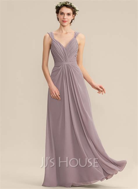 A Line V Neck Floor Length Chiffon Bridesmaid Dress With Ruffle