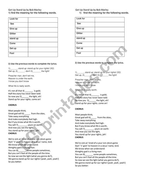 Get Up Stand Up Esl Worksheet By Micanquer