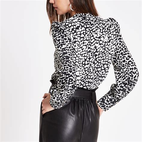 River Island Black Leopard Print Tie Neck Blouse Lyst