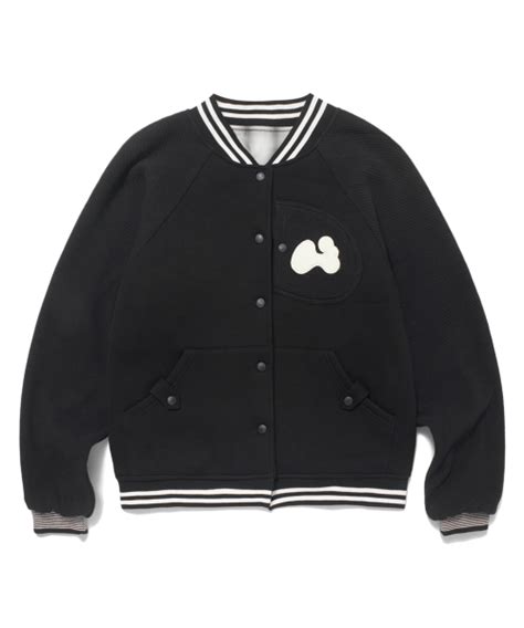 MUSINSA HUG YOUR SKIN Patch Varsity Jacket Black