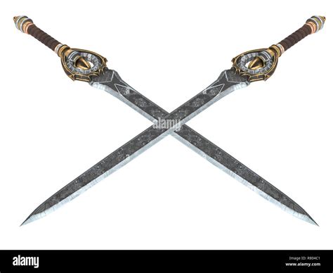 Fantasy long sword with patterns and leather on the handle on an isolated white background. 3d ...