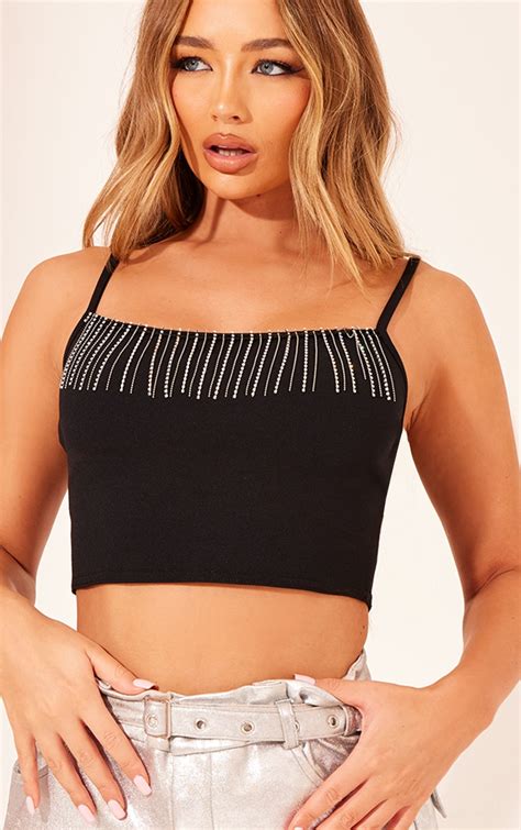 Black Stretch Woven Diamante Trim Crop Top Tops Prettylittlething