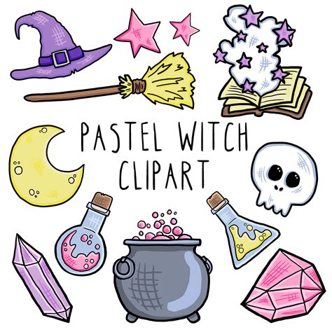 Pastel Witch Clipart - 11 x PNG Images - Magic Illustrations, Potions, Cauldron, Broom, Crystals ...