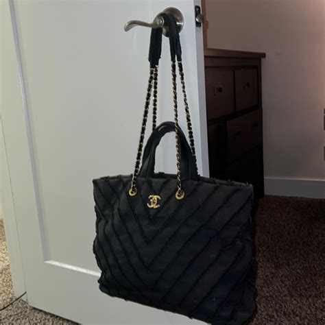 Bags Canvas Chevron Cuba Patchwork Shopper Tote Black Chanel