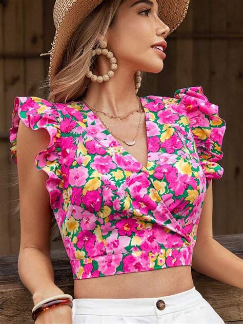 Shein Frenchy Floral Print Tie Backless Ruffle Trim Crop Blouse Shein Usa