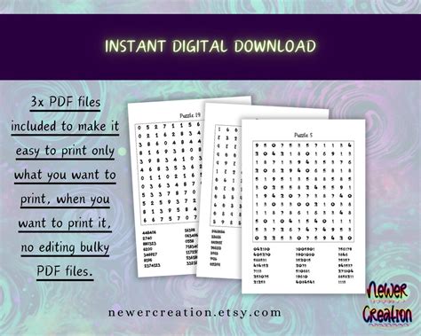 30 Large Print Number Search Printable Puzzles With Solutions Etsy