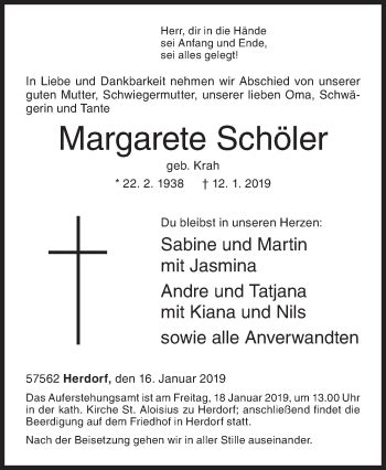 Traueranzeigen Von Margarete Sch Ler Trauer De