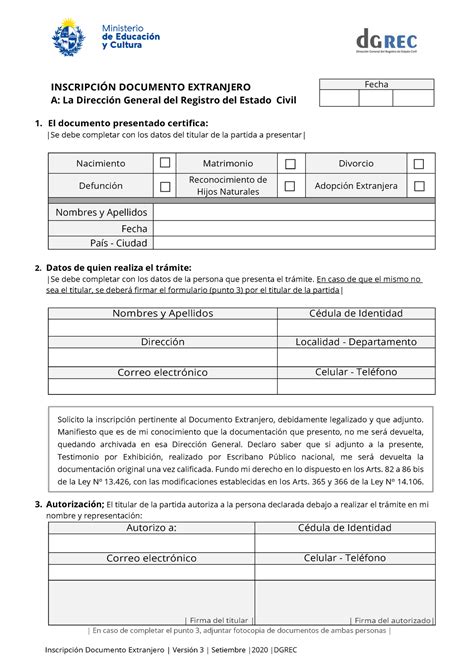 Formulario De Inscripcion Partidas InscripciÓn Documento Extranjero A La Dirección General