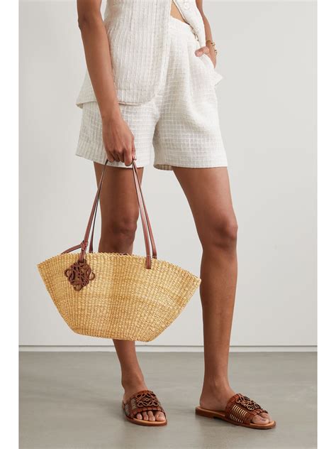 Tan Shell Small Leather Trimmed Raffia Tote Loewe Net A Porter